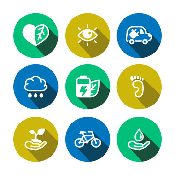 Flat vector eco multicolor (turquoise green, dark yellow, blue) icons set