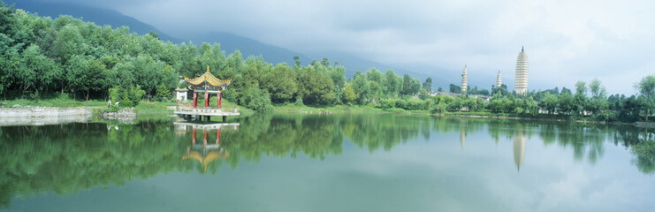 Fototapeta premium Reflection of Pagoda Pavilion in Dali, Yunnan Province, People's Republic of China