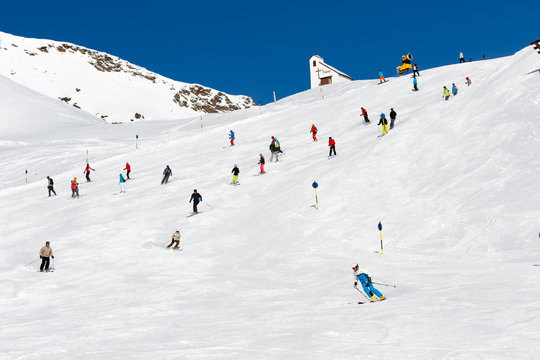 Skiers on crowded ski slope
