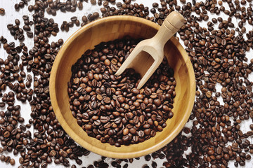 coffee beans in a wooden bowl
