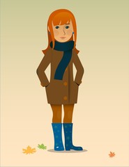 autumn Vector illustration of a pretty girl in rubber boots 