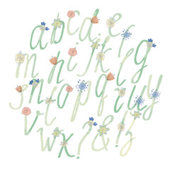 Handdrawn watercolor alphabet with flowers