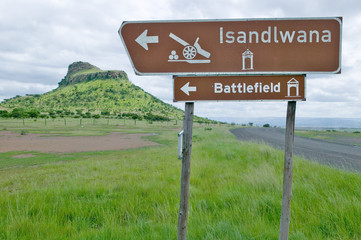Sign for Isandlwana Battlefield, the scene of the Anglo Zulu battle site of January 22, 1879. The great Battlefield of Isandlwana and the Oskarber, Zululand, northern Kwazulu Natal, South Africa