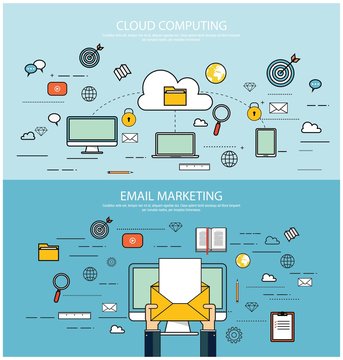 Flat design concepts for e-mail marketing and cloud computing