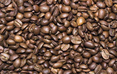 Background of photos spilled roasted Arabica coffee close-up shot