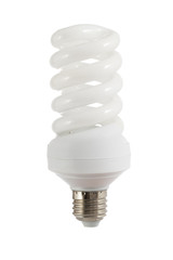 Energy saving fluorescent light bulb on white background