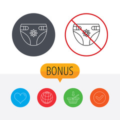Diaper with flower icon. Child underwear sign.