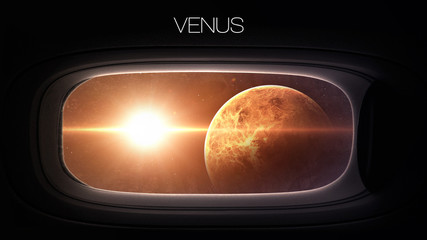 Venus - Beauty of solar system planet in spaceship window porthole. Elements of this image furnished by NASA