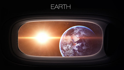Earth - Beauty of solar system planet in spaceship window porthole. Elements of this image furnished by NASA