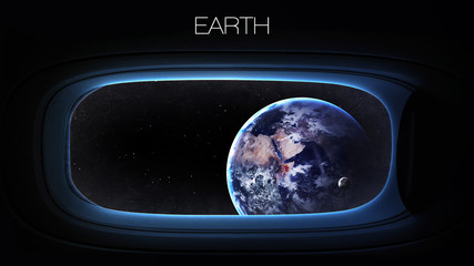 Earth - Beauty of solar system planet in spaceship window porthole. Elements of this image furnished by NASA © Vadimsadovski