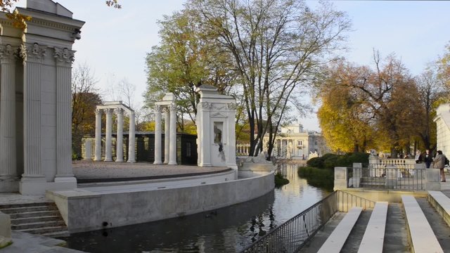 Roman inspired theater on the water in Lazienki Park in Warsaw