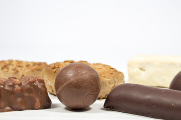 Several Christmas sweets, typical Spanish confectionery. Sweet Chocolate ball in the first place