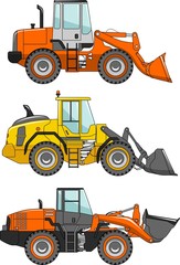 Fototapeta premium Set of wheel loaders isolated on white background in flat style. Heavy construction machines. Vector illustration