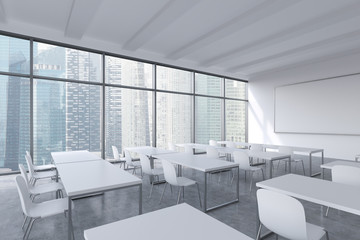 Fototapeta na wymiar A modern panoramic classroom with Singapore view. White tables and white chairs. 3D rendering.