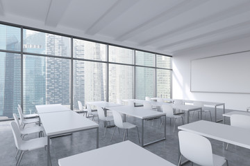A modern panoramic classroom with Singapore view. White tables and white chairs. 3D rendering.