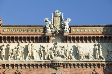 Fototapeta premium Detail shot of Arc de Triumf: L'Arc de Triumph, by Josep Vilaseca I Casanovas, in Barcelona, Spain was built in 1888 as part of the Universal Exposition