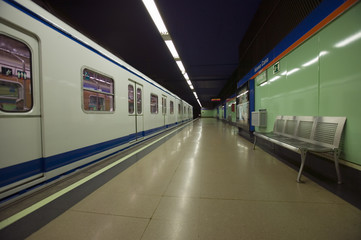 Train at Metro subway train station in Madrid, Spain
