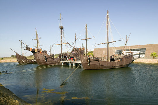 Full size replicas of Christopher Columbus' ships, the Santa Maria, the Pinta or the Ni&ndash;a at Muelle de las Carabelas, Palos de la Frontera - La R&Dagger;bida, the Huelva Provence of Andalucia and Southern Spain, the site where Columbus departed from the Old World to the New World in August 3 of 1492