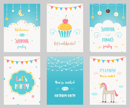 Vector Set Of Birthday And Sleepover Kids Party Invitations