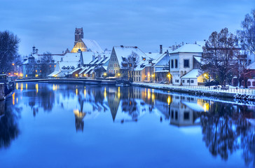 Winter evening in Landshut, german town near Munich, Germany - obrazy, fototapety, plakaty