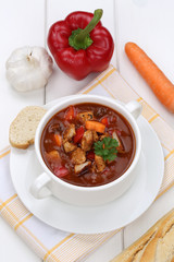 Gulasch Suppe Gulaschsuppe Suppentasse mit Baguette, Fleisch und