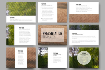 Set of 9 templates for presentation slides. Park landscape. Abstract multicolored backgrounds. Natural geometrical patterns. Triangular and hexagonal style