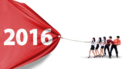 Business team pulling flag with numbers 2016