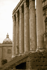 Sepia image of Temple of Antoninus and Faustina built in 141 AD, at the Roman Forum, Rome, Italy, Europe
