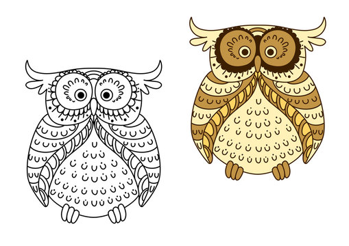 Cartoon yellow owl with brown striped wings