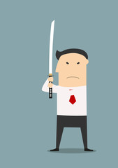 Serious businessman with katana sword, ready to fight