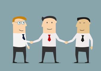 Businessman shakes hands two partners