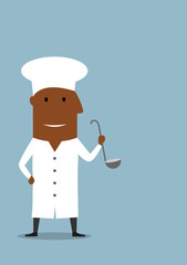 Chef or cook in white uniform with ladle