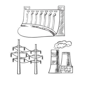 Electrical power plants and towers sketch icons