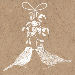 Birds and mistletoe. Vector illustration on kraft paper.Christmas background.