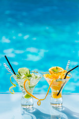 Mohito mojito drink with ice mint and lime near pool