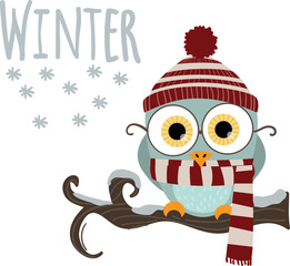 Vector illustration of cute gray owl with hat and scarf sitting on the tree branch. Winter background
