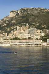 Seaside view of Monte-Carlo and skyline, the Principality of Monaco, Western Europe on the Mediterranean Sea
