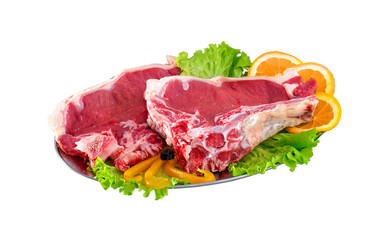 Fresh and raw meat ribs and pork chops isolated on white backgro