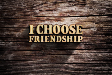 I choose Friendship. Words on old wooden board.