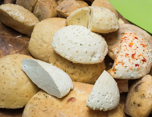 Different sorts of Hungarian homemade cheese at a Sunday farmer's market