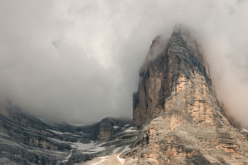 granite peaks obscured by clouds