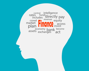 Finance word cloud on head human. 