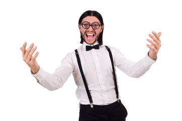 Naklejka premium Man wearing suspenders isioated on white