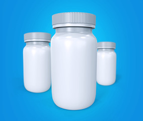 Potes de medicamento em branco sobre fundo azul e com path.