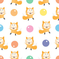 Vector seamless pattern with cartoon children in suits. Little  foxes.