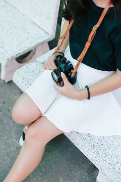 girl with vintage film camera