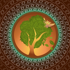 Owl on oak looking abroad