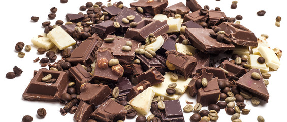 Broken chocolate assortment with coffee beans letterbox
