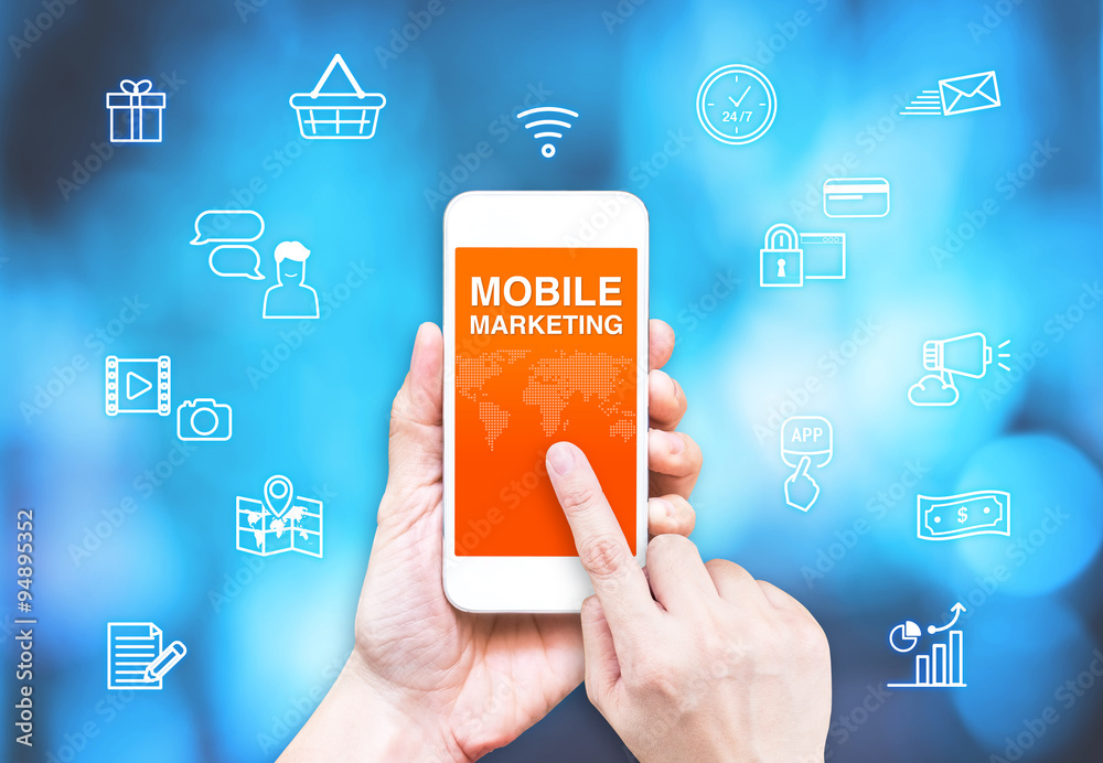 Poster hand touch smart phone with mobile marketing word and icon with