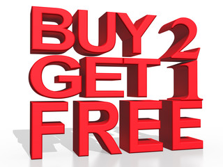 3d illustration - Buy 2 Get 1 free on white background